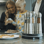 مجموعة طاحونة الملح والفلفل الكهربائية للشحن اللاسلكي COSPRO 5 في 1، مجموعة مطحنة التوابل الأوتوماتيكية المصنوعة من الفولاذ المقاوم للصدأ القابلة لإعادة الشحن - يد واحدة للتشغيل، خشونة قابلة للتعديل، تنظيف سهل