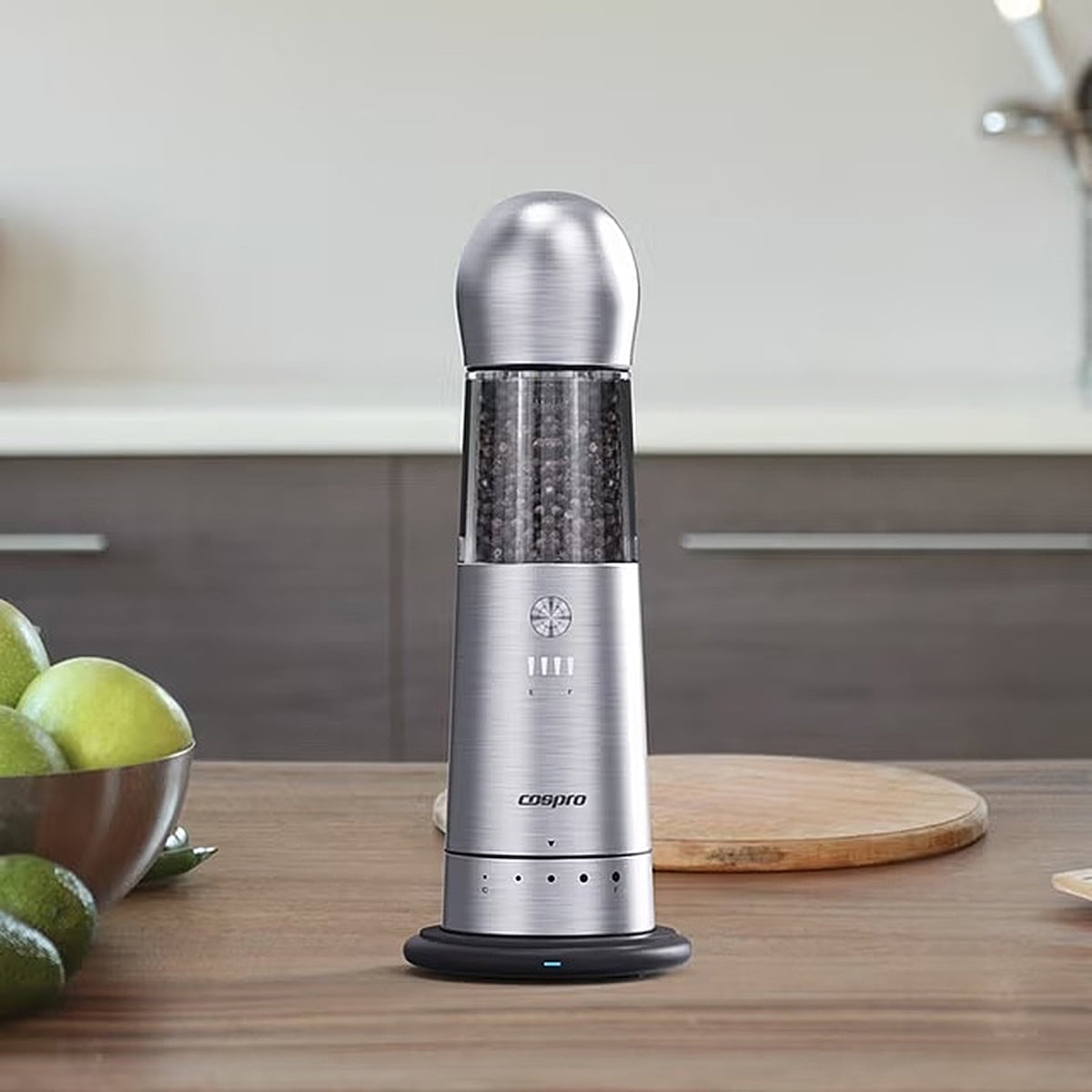 COSPRO Electric Salt and Pepper Grinder with Wireless Charger, Rechargeable Automatic Stainless Steel Spices Mill for Kitchen - Adjustable Coarseness, One Hand Operation