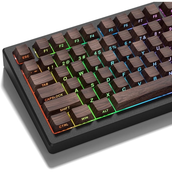COSTOM PBT Keycaps,135 Wood Keyboard Keyaps, Shine Through Cherry Profile Keycaps,Doubleshot Side Print Dye Sub Keycap Set for 60 65 75 100 Percent