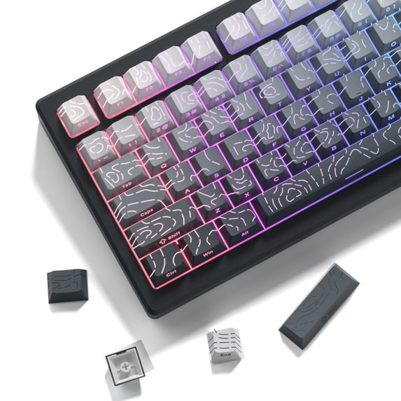 COSTOM Side Printed Shine Through PBT Keycaps, 135 Keys Double Shot Keycaps Set 60% 65% 75% 100% Layout, Cherry Profile, Gradient Black Topographic Custom Key Caps for MX Gateron Mechanical Keyboards