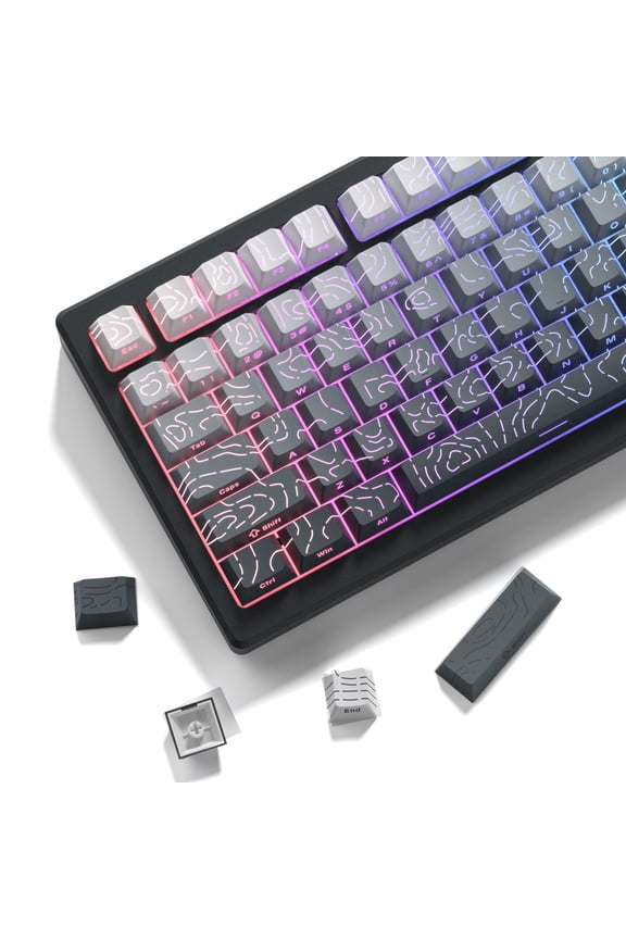 Side Printed Shine Through PBT Keycaps, 135 Keys Double Shot Keycaps Set 60% 65% 75% 100% Layout, Cherry Profile, Gradient Black Topographic Custom Key Caps for MX Gateron Mechanical Keyboards