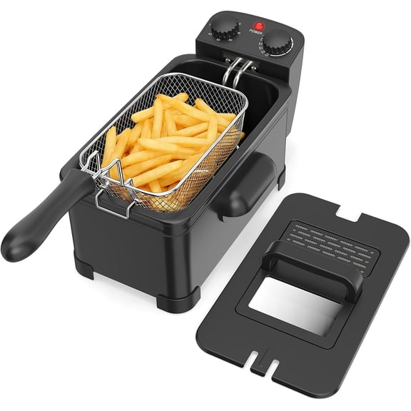COSTWAY 3 Liter Deep Fryer with Basket, 1700W Electric Oil Fryer with Oil Filtration, Lid with Viewing Window, Adjustable Timer and Temperature, Small Countertop Deep Fryer Pot for Home Kitchen,Black
