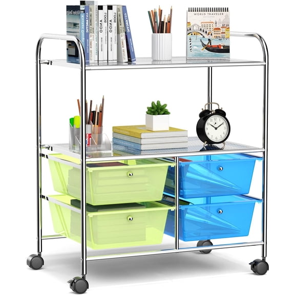 COSTWAY 4-Drawer Storage Cart, Mobile Storage Organizer w/Steel Frame & 360° Wheels, 4-Drawer Utility Cart for Living Room, Kitchen, Bathroom & Office, Green & Blue
