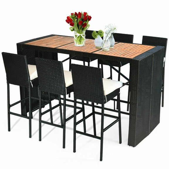 COSTWAY 7 PCS Patio Rattan Wicker Bar Dining Furniture Set wood Table Top 6 Stools