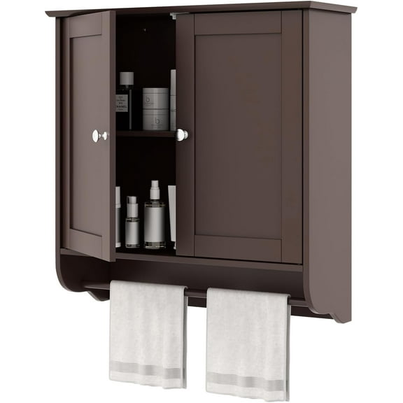 COSTWAY Bathroom Cabinet Wall Mounted, Over The Toilet Storage Cabinet with Towel Bar, 2 Doors and Adjustable Shelf, Space-Saving Wall Cabinet Medicine Cabinet for Bathroom Kitchen (Brown)
