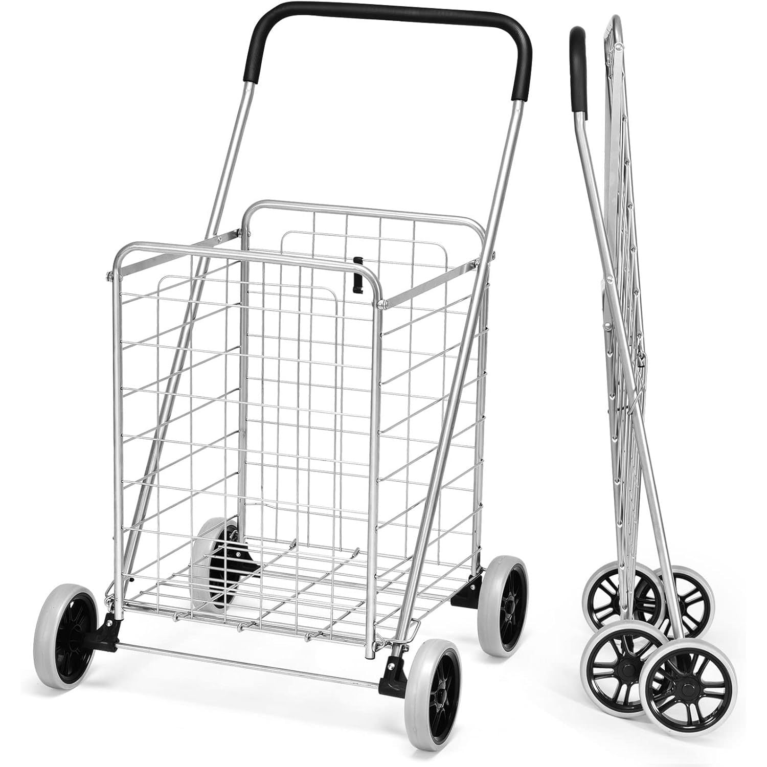 COSTWAY Folding Shopping Cart, Heavy Duty Grocery Utility Cart with ...
