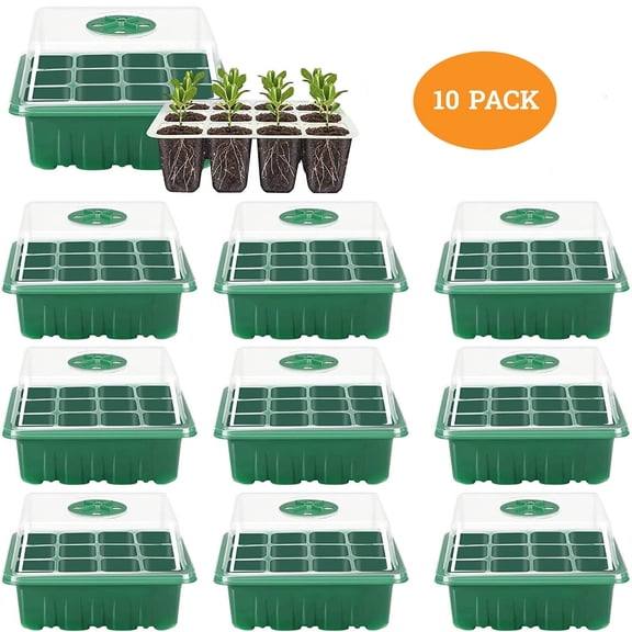 COSTYLE 10 Pack Seed Starter Tray Kits, Plant Germination Trays with Humidity Dome and Base (12-Cell Per Tray)