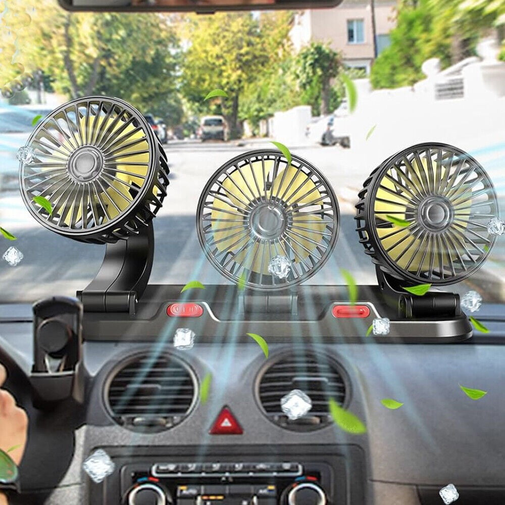 COSTYLE 12V Car Fan - Three Head Cigarette Lighter Powered Fan for Car, Portable Vehicle Cooling Fan - 2 Speeds, 360° Rotation, for SUV, RV, Truck, Sedan, Cruise