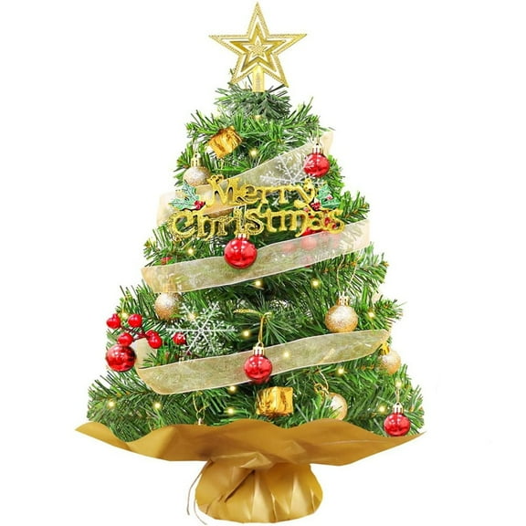 COSTYLE 18 Inch Mini Christmas Tree Set, Tabletop Artificial Christmas Tree with Tree Topper, Ornaments Balls, String lights, Ribbon, Snowflakes, Pine Cones and Red berries, DIY Christmas Decorations