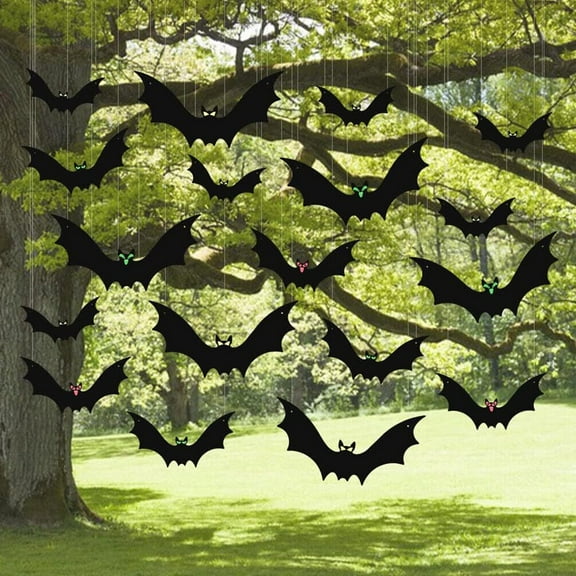 COSTYLE 18 Pcs Hanging Bats Halloween Outdoor Decoration 3 Different Sizes with Cute Eye Stickers for Hanging in The Tree, Porch, Yard, Lawn, Indoor