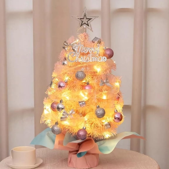 COSTYLE 2FT Pink Mini Christmas Tree, Small Tabletop Christmas Tree Set with LED Light Ornament Balls for Home, Office, Party Decoration