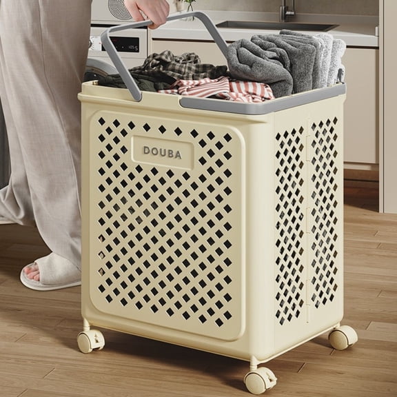 COSTYLE Collapsible Laundry Basket with Wheels and Handle, Plastic Foldable Laundry Hamper, Versatile Portable Storage Basket, Durable and Practical for Laundry and Bathroom