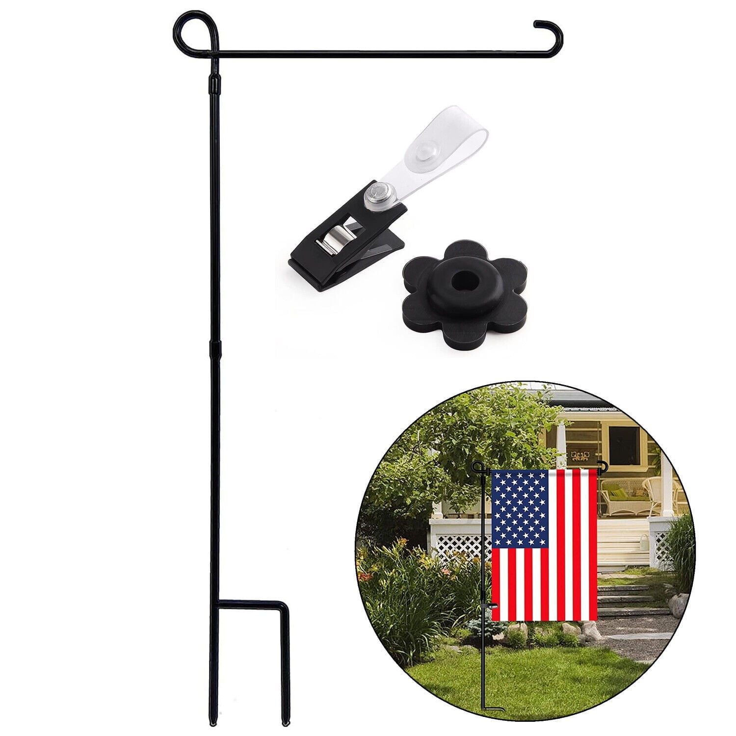 Garten-Flaggenständer Aus Schmiedeeisen – Für 2 Flaggen, 94,4 Cm Hoch, Mit Anti-Wind-Clip & Vogeldetail, Schwarz