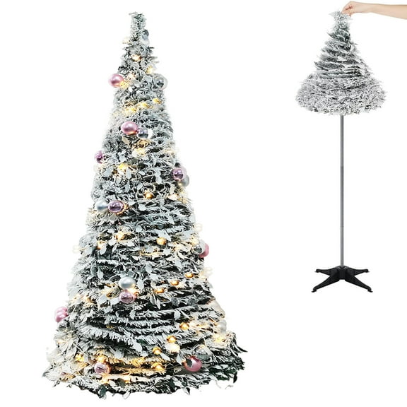 COSTYLE Pre-Lit Christmas Tree, 6 FT Flocked Fully Decorated Pull Up Christmas Tree with LED Lights and Ornament Balls, Easy Assemble Collapsible Xmas Trees Holiday Party Decor