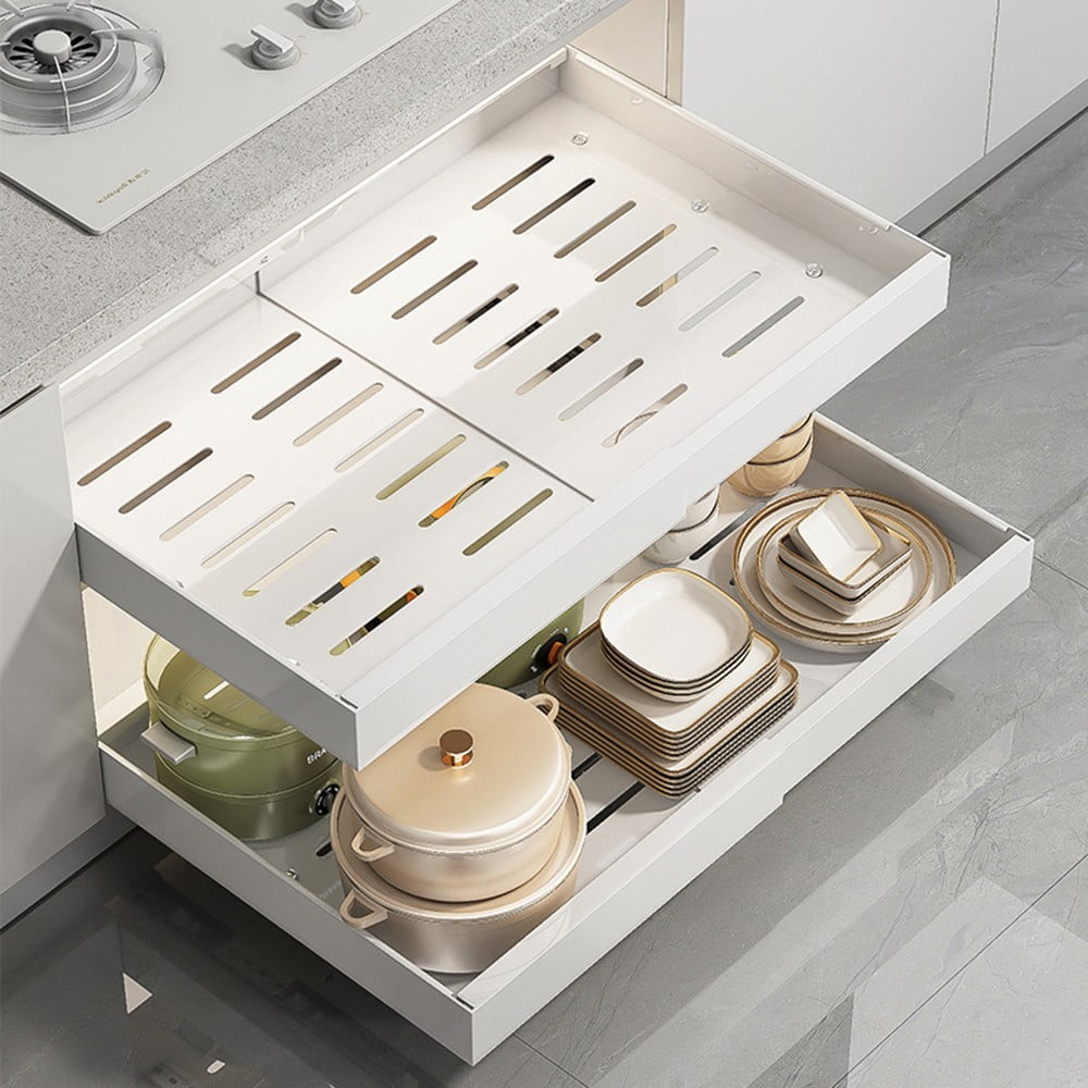 COSTYLE Pull Out Cabinet Organizer, Expandable Heavy Duty Slide Out Drawers Fixed with Adhesive, Roll Out Shelf Storage for Kitchen Base Cabinet Organization, Pantry, Bathroom
