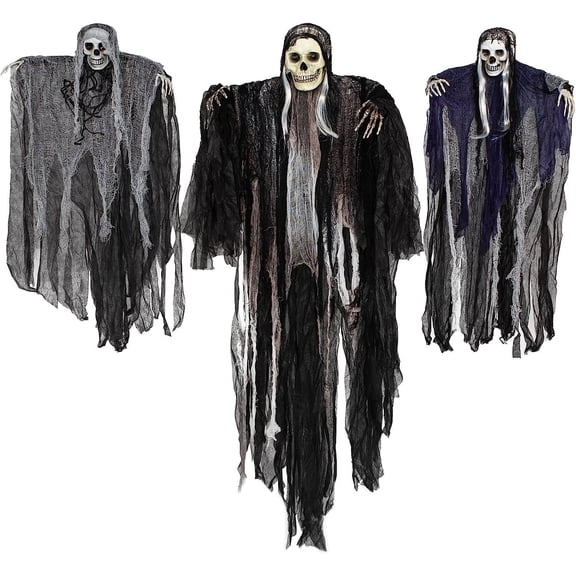 COSTYLE Set of 3 Hanging Skeleton Ghosts Grim Reapers Halloween Outdoor Decorations