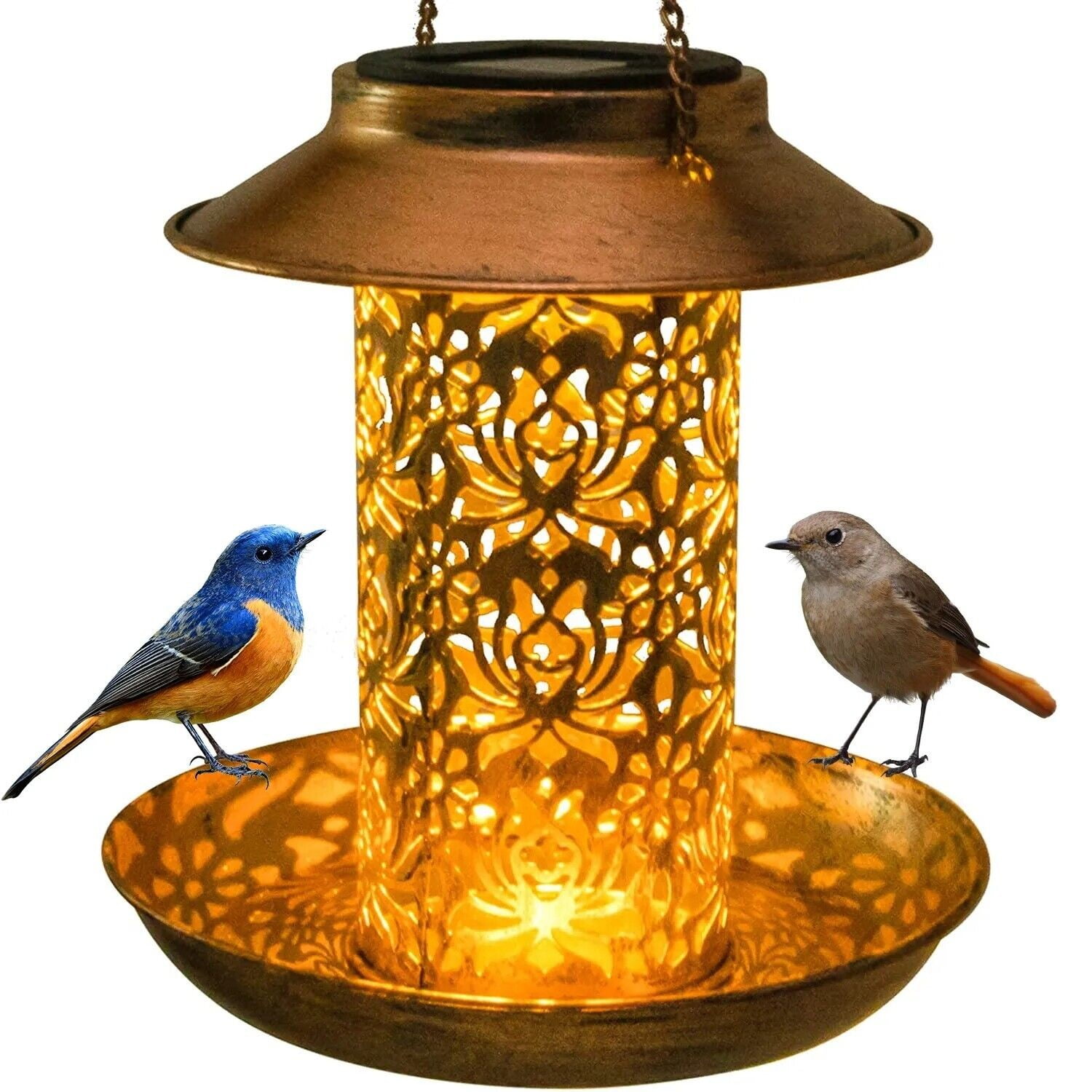 COSTYLE Solar Bird Feeder for Outdoors Hanging, Metal Wild Bird Feeder Solar Lantern Garden Decoration with S Hook