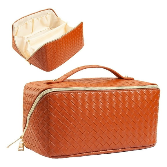 COSTYLE Travel Makeup Bag, Large Capacity Cosmetic Organizer for Women, Portable Pouch Open Flat Toiletry Bag, Brown