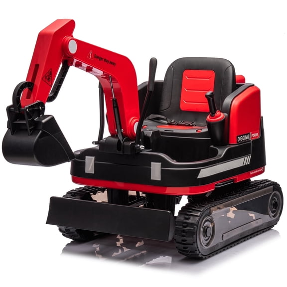 COSVALVE 12V12AH Kids 2IN1 Ride On Tracked Excavator Bulldozer Electric Digger 360Construction Vehicle Toy Car with 3 Speeds,Music,Toolbox,2.4GHz Remote Control(Red)