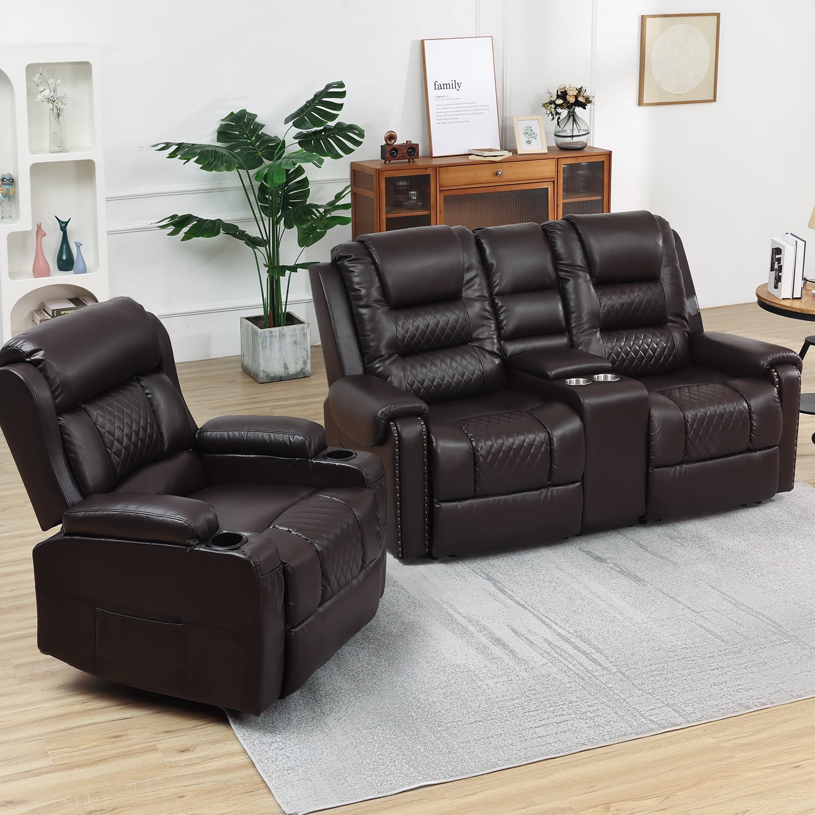 COSVALVE 2 Pieces PU Leather Electric Massage Recliner Sofa Sets Living Room Furniture Set with Cup Holders,Remote Control(Brown)