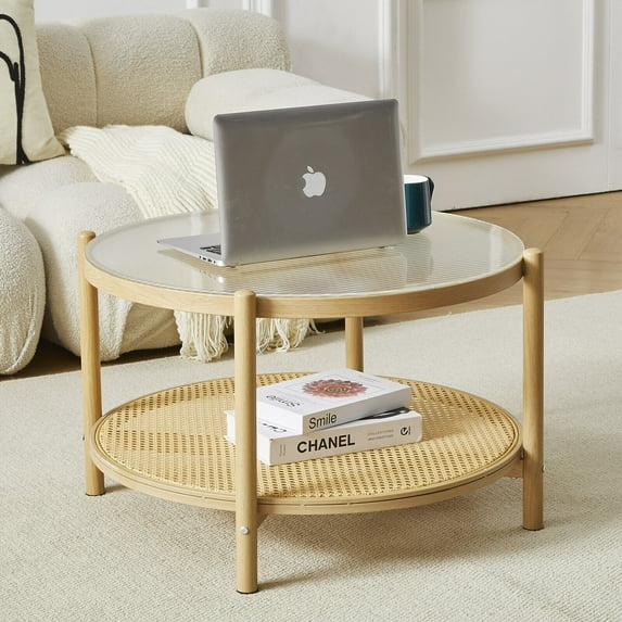 COSVALVE 2 Tier 27.5" Boho Rattan Round Glass Coffee Table