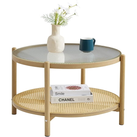 COSVALVE 27.5" Boho Rattan Coffee Table, Round Glass Metal Center Table, Modern Simple 2 Tier Middle Table for Small Space Living Room Bedroom Office Meeting Room