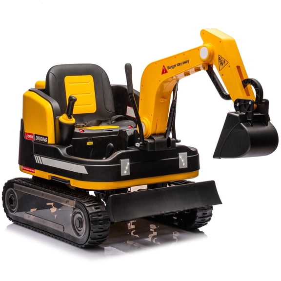 COSVALVE 360°24V Battery Powered 2-in-1 Kids Ride On Tracked Excavator Bulldozer Electric Digger Construction Vehicle Toy with 3 Speeds,USB/MP3,Toolbox,2.4GHz Remote Control(Yellow)