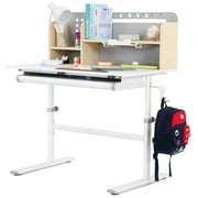 COSVALVE 39in Wide Adjustable Height Kids Desk Study Child Table with Tilting Desktop, Steel Frame, Drawer, Bookshelf Hutch Gray