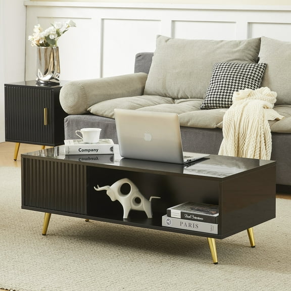 COSVALVE 41.3in LED Coffee Table Living Room with 16 Colors LED Light, Storage (Black)