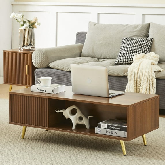 COSVALVE 41.3in LED Coffee Table Living Room with 16 Colors LED Light, Storage (Walnut)