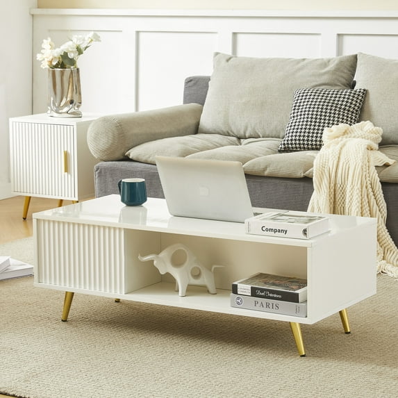 COSVALVE 41.3in LED Coffee Table Living Room with 16 Colors LED Light, Storage (White)