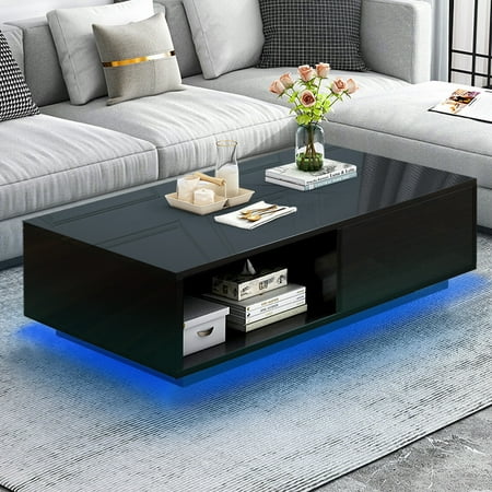 COSVALVE 43.3" High Gloss Black Coffee Table w/ 16 Colors LED Light, Drawer, Shelf