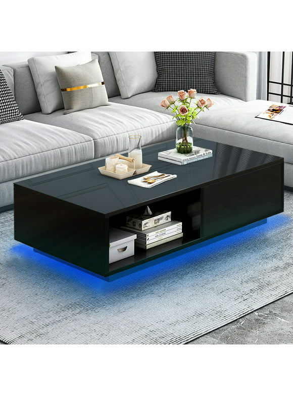 COSVALVE 43.3" High Gloss Black Coffee Table w/ 16 Colors LED Light, Drawer, Shelf