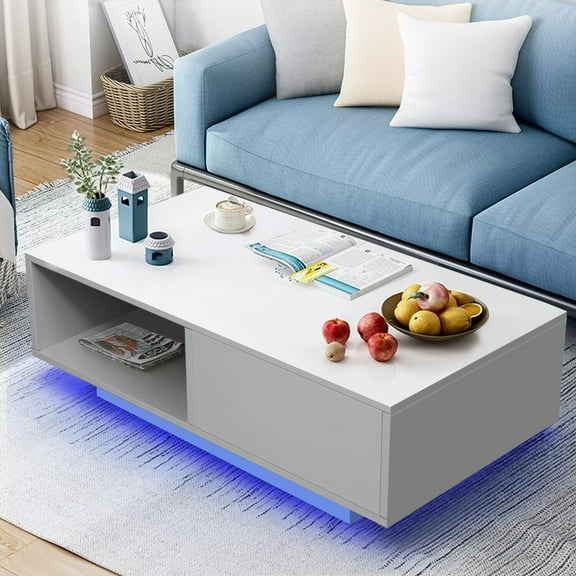 COSVALVE 43.3" High Gloss White Coffee Table with 16 Colors LED Light, Drawer, Shelf