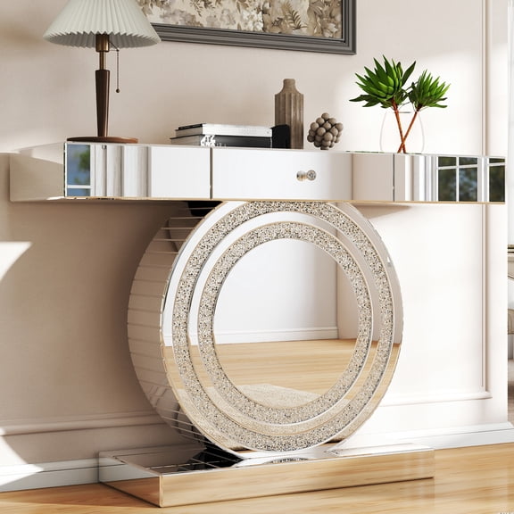 COSVALVE 47.2 Inch Mirrored Entryway Console Table with Drawer, Crystal Diamond Accents