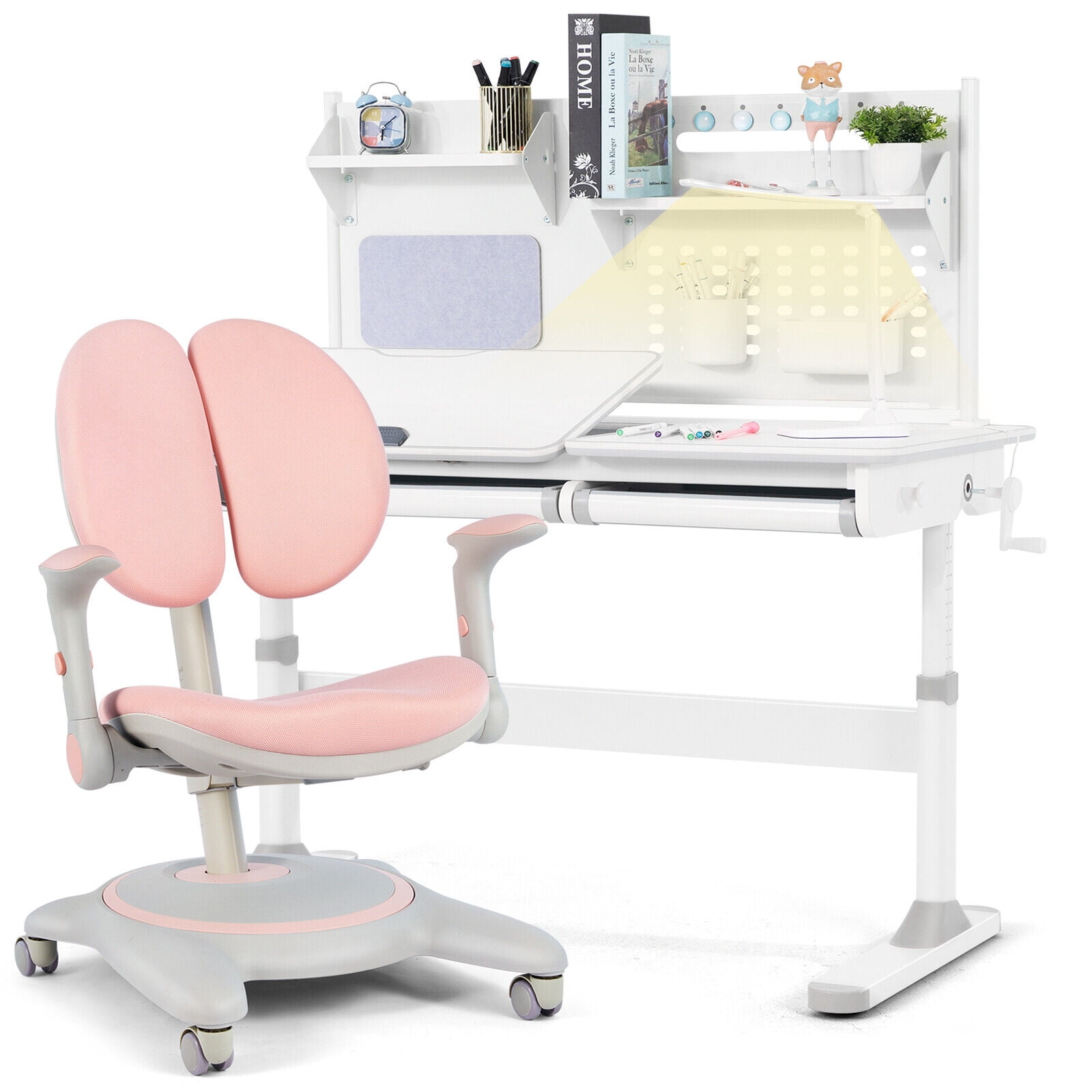 COSVALVE 47" Height Adjustable Kids Study Desk & Chair Set Ergonomic Children Writing Table Girls Gift with Shelf,2 Drawer,LED Lamp