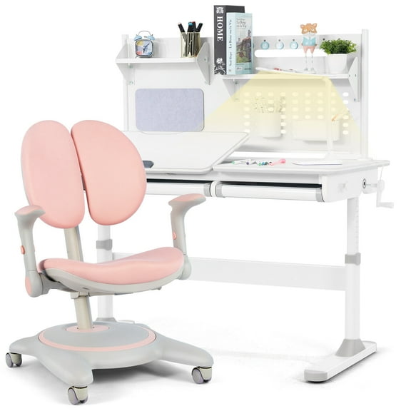 COSVALVE 47" Height Adjustable Kids Study Desk & Chair Set Ergonomic Children Writing Table Girls Gift with Shelf,2 Drawer,LED Lamp