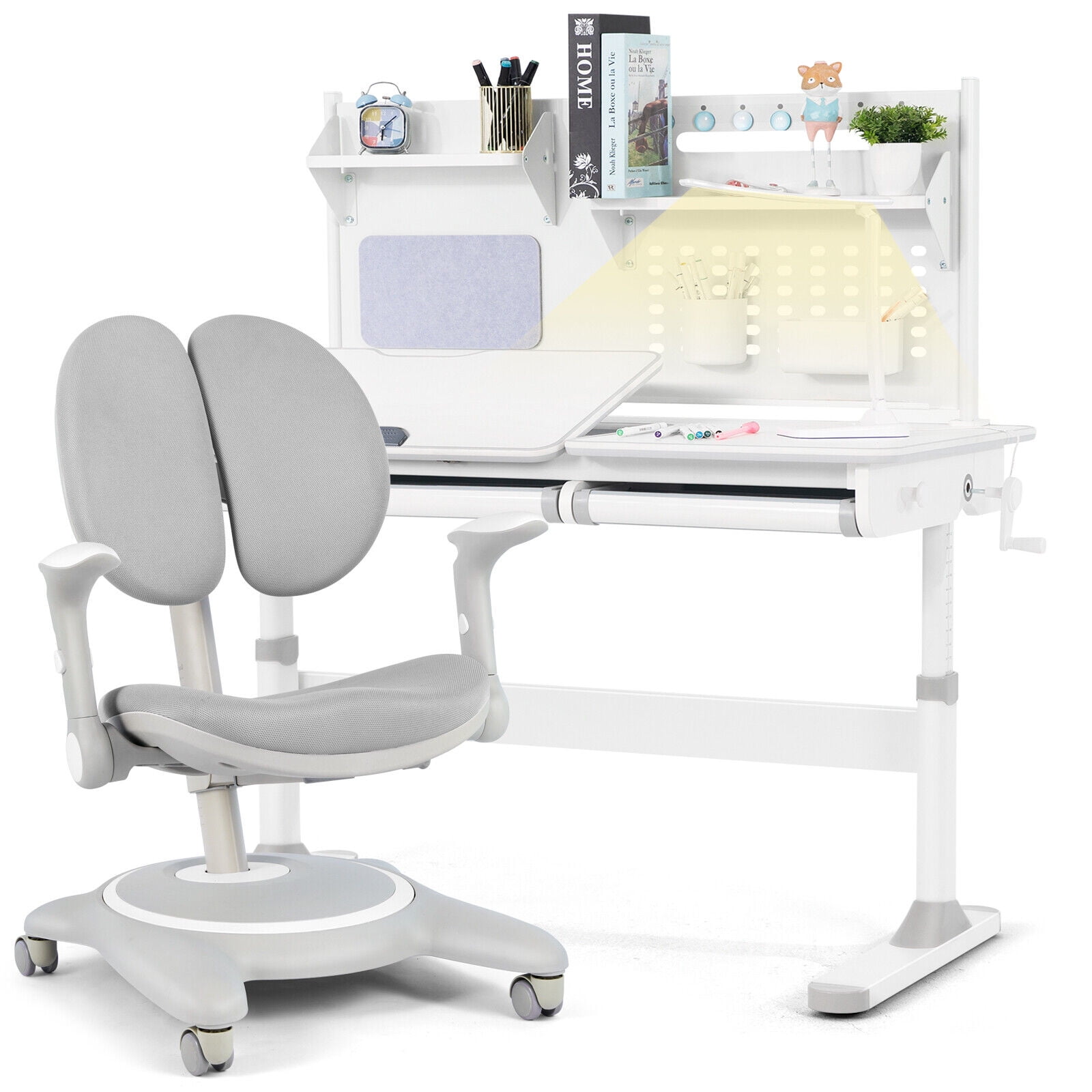 COSVALVE 47" Height Adjustable Kids Study Desk & Chair Set Ergonomic Writing Table Children Gift with Shelf,2 Drawer,LED Lamp