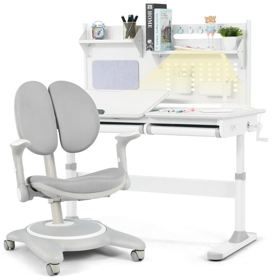 COSVALVE 47" Height Adjustable Kids Study Desk & Chair Set Ergonomic Writing Table Children Gift with Shelf,2 Drawer,LED Lamp