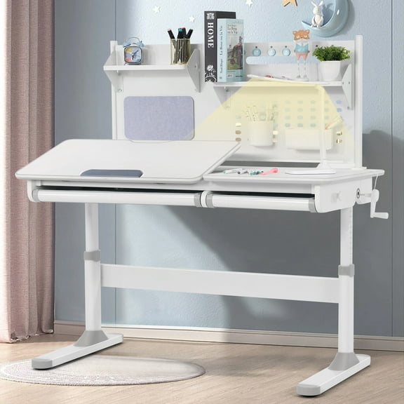 COSVALVE 47" Height Adjustable Kids Study Desk Ergonomic Writing Table Children Gift with Shelf,2 Drawer,LED Lamp