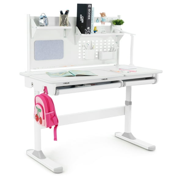 COSVALVE 47" Wide Adjustable Kids Desk Gray Ergonomic Study Table with Bookshelves, LED Lamp, Tilt Desktop, 2 Drawers