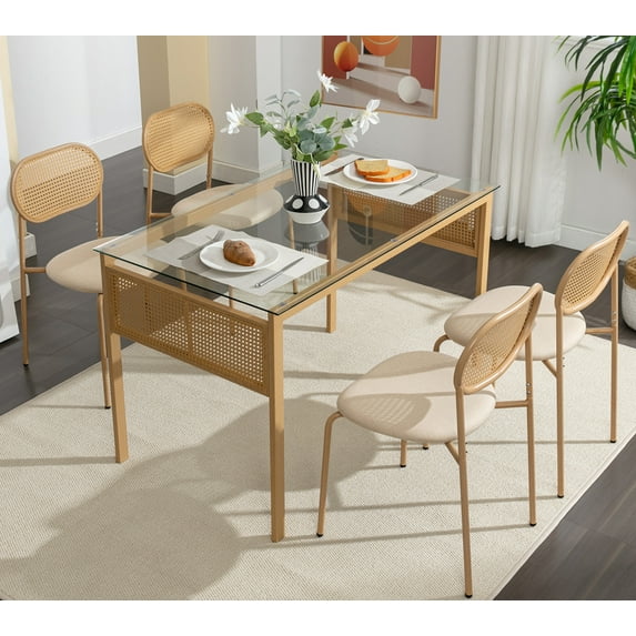 COSVALVE 5 Piece Boho Dining Table and 4 Chairs, Tempered Glass Table with Rattan Decor, Upholstered Cane Dining Chair with Rattan Back, Metal Legs