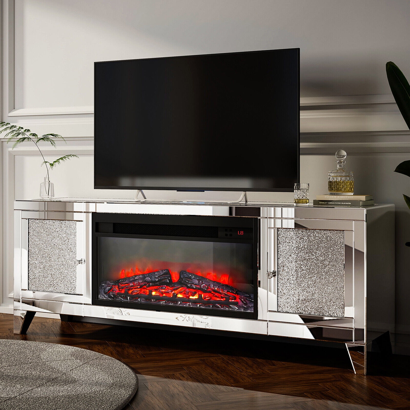 COSVALVE 59 Modern Silver LED TV Stand Electric Mirrored Fireplace Crushed Diamond Entertainment Center Cabinet for 65 Inch TVs Living Room Walmart