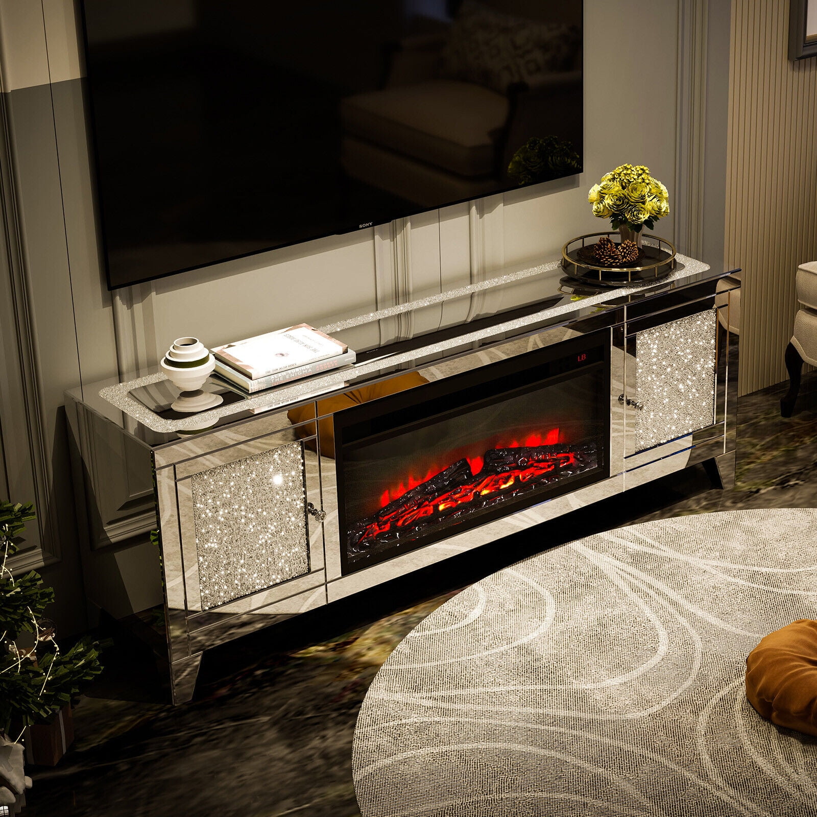 COSVALVE 59" Silver Mirrored Fireplace TV Stand Entertainment Center TV