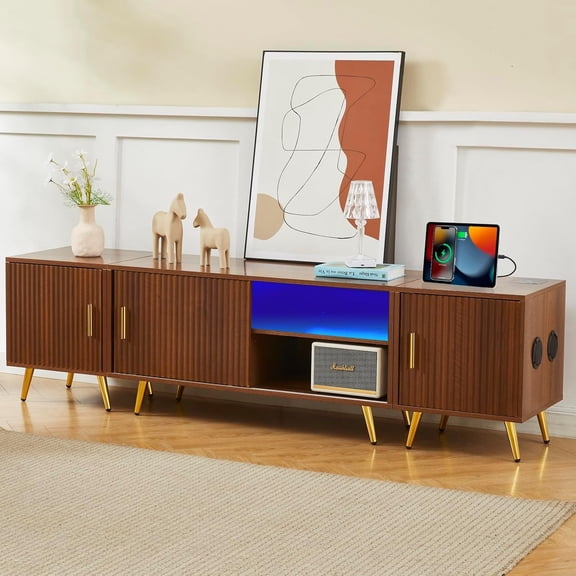 COSVALVE 71" TV Stand for 65/75/80 Inch TV with Charging Station & Speaker, Free Combination Walnut TV Stands, Media Console Entertainment Center with LED for Living Room Bedroom, Walnut & Gold