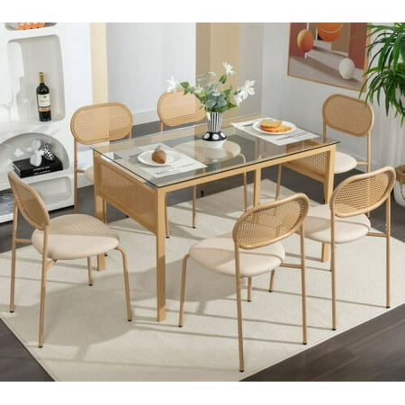 COSVALVE 7PCS Boho Dining Table Set 6 Chairs Glass Metal Rattan Kitchen Breakfast Living Room