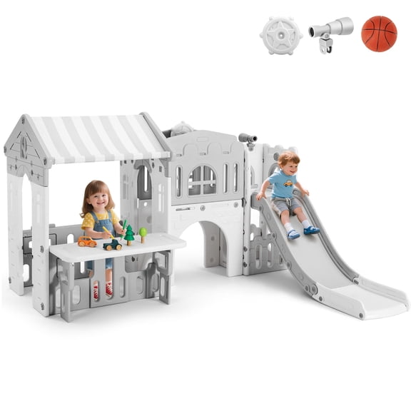 COSVALVE 9-in-1 Kids Slide with Playhouse,Toddler Climber Playset Indoor Outdoor Playground with Basketball Hoop,Telescope(Gray White)