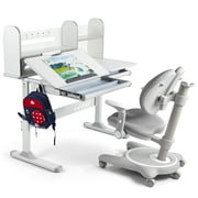 COSVALVE Adjustable Kids Desk and Chair Set with Hutch, Multifunction Ergonomic Study Table Chair with 2 Storage Drawers, Tilt Desktop, Height Adjust Gray