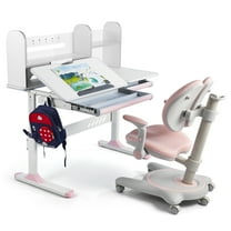 COSVALVE Adjustable Kids Desk and Chair Set with Hutch, Multifunction Ergonomic Study Table Chair with 2 Storage Drawers, Tilt Desktop, Height Adjust (Pink)