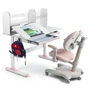 COSVALVE Adjustable Kids Desk and Chair Set with Hutch, Multifunction Ergonomic Study Table Chair with 2 Storage Drawers, Tilt Desktop, Height Adjust Pink